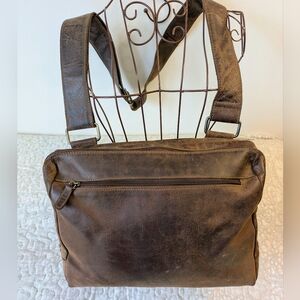 Adrian Klis Brown Distressed Leather Messenger Bag with Front Zip Pocket